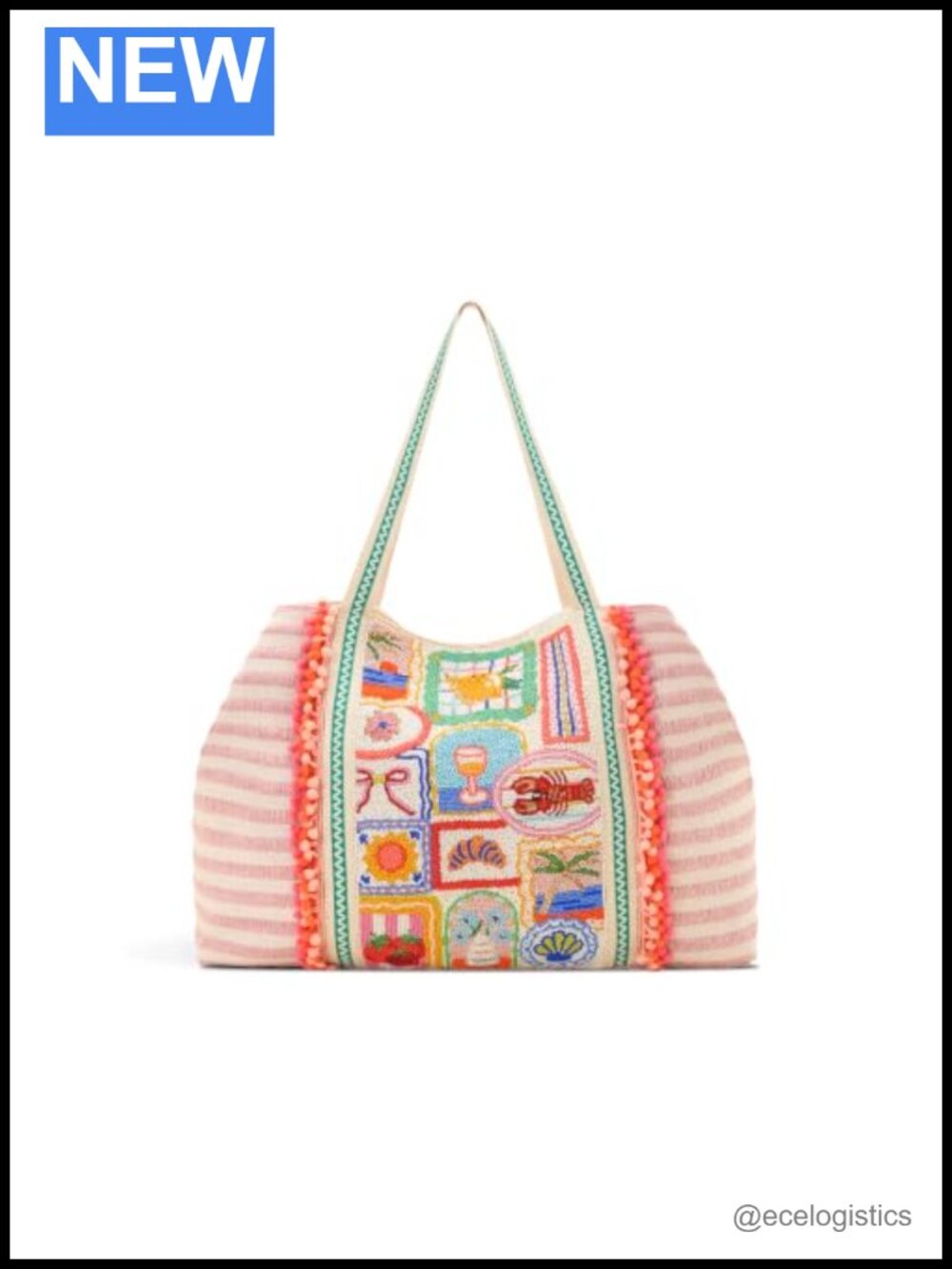 Oversized Beaded Tote Bag Summer Vacation Beach Purse Pom Pom Canvas Handles